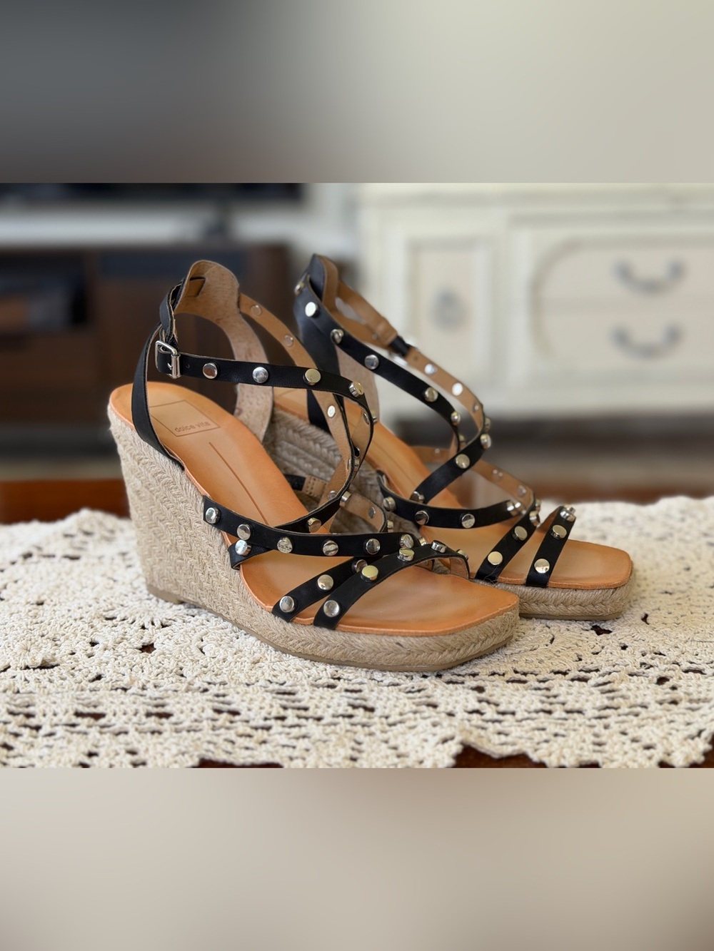 Dolce Vita Black Studded Espadrille Wedge Sandals